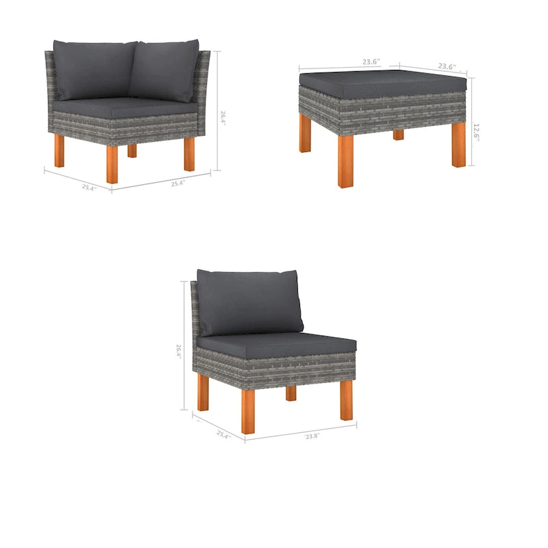 Ensemble de salon de jardin modulaire Feno 4 pièces, 2 poufs, rotin gris foncé