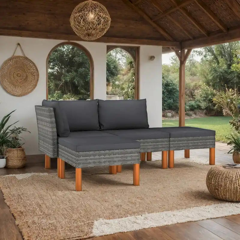 Ensemble de salon de jardin modulaire Feno 4 pièces, 2 poufs, rotin gris foncé