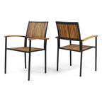 Side Dining Chair Set of 2, Outdoor Slatted Brown Acacia Wood, Black Iron