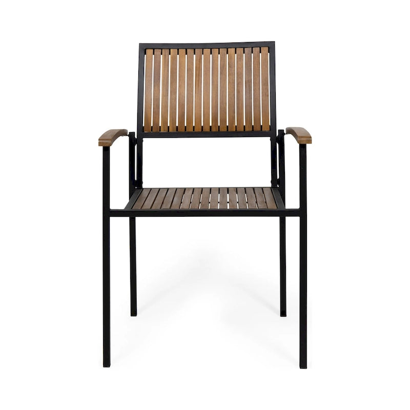 Ensemble de 2 chaises de salle à manger d'appoint, en bois d'acacia brun à lattes d'extérieur, fer noir