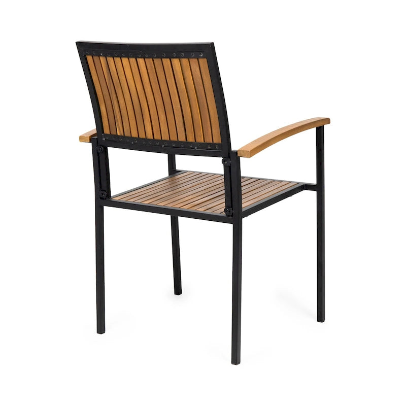 Ensemble de 2 chaises de salle à manger d'appoint, en bois d'acacia brun à lattes d'extérieur, fer noir