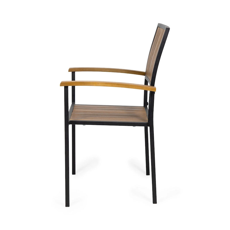 Ensemble de 2 chaises de salle à manger d'appoint, en bois d'acacia brun à lattes d'extérieur, fer noir