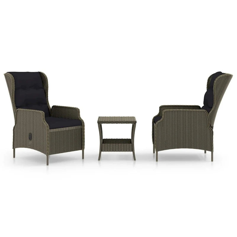 3pc Outdoor Lounge Chair Set with 1 End Table, Black, Brown Rattan
