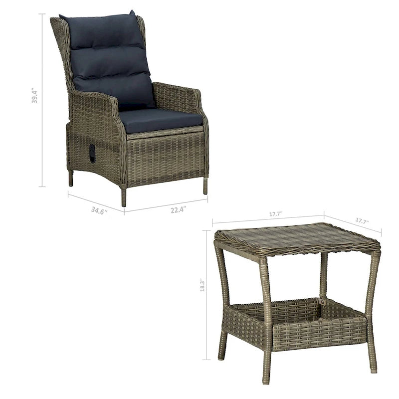 Ensemble de 3 fauteuils de jardin avec 1 table d'appoint, rotin noir et marron