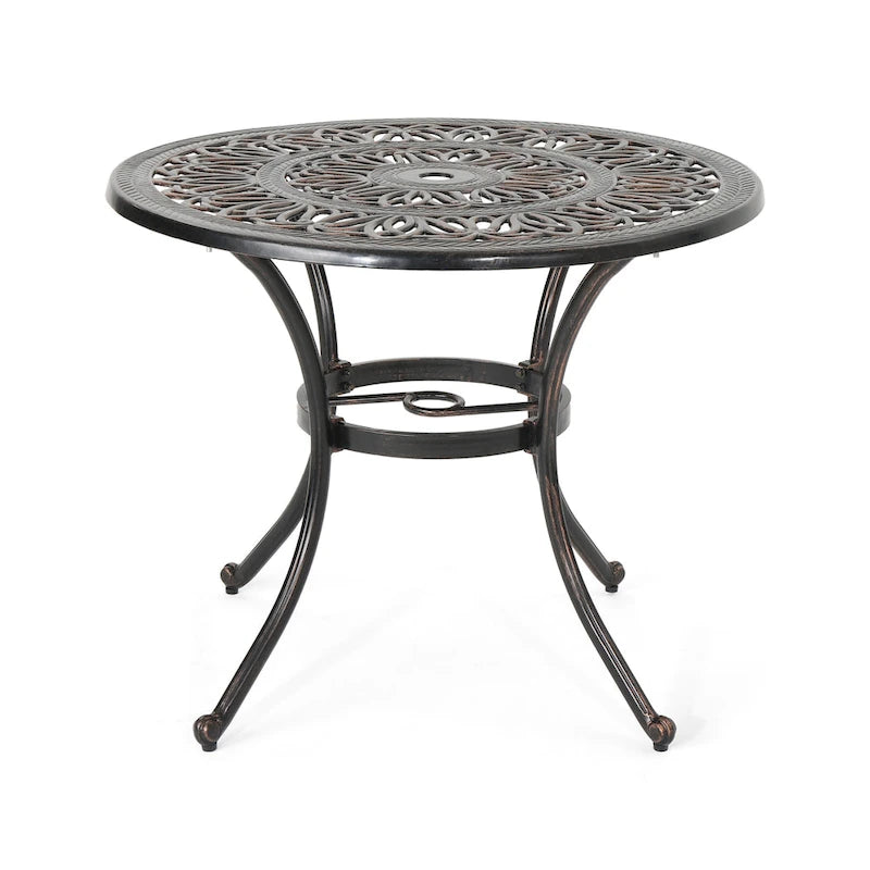 Table de salle à manger d'extérieur Shaili, ronde, 89 cm (35 pouces), en aluminium moulé couleur cuivre brillant