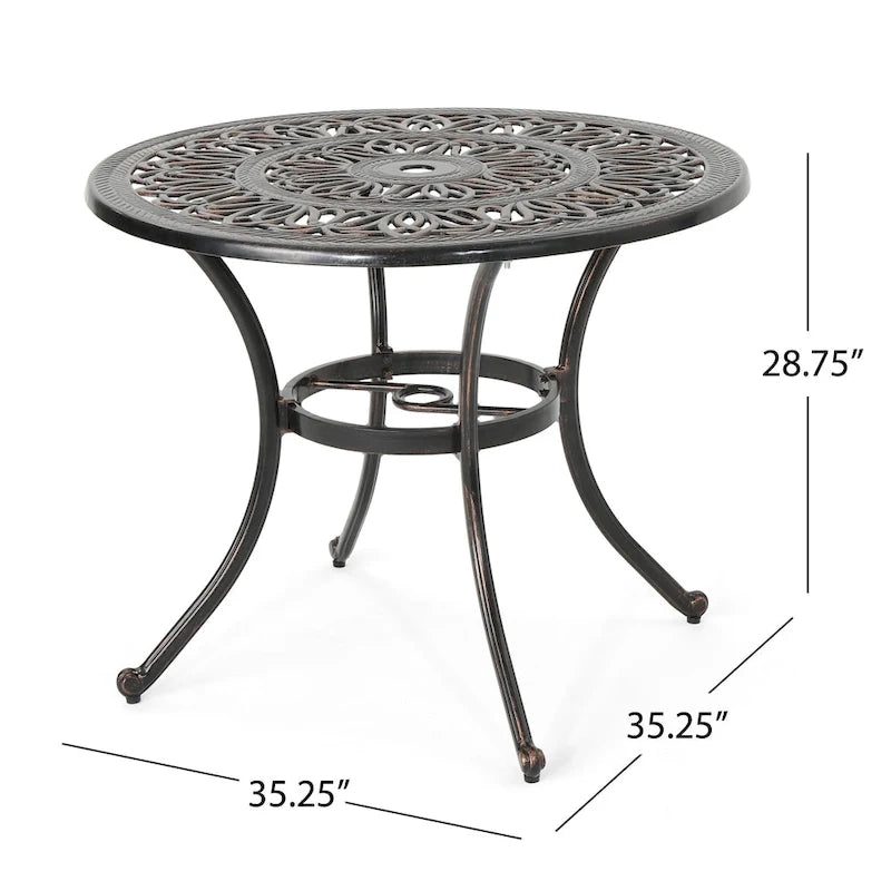 Table de salle à manger d'extérieur Shaili, ronde, 89 cm (35 pouces), en aluminium moulé couleur cuivre brillant