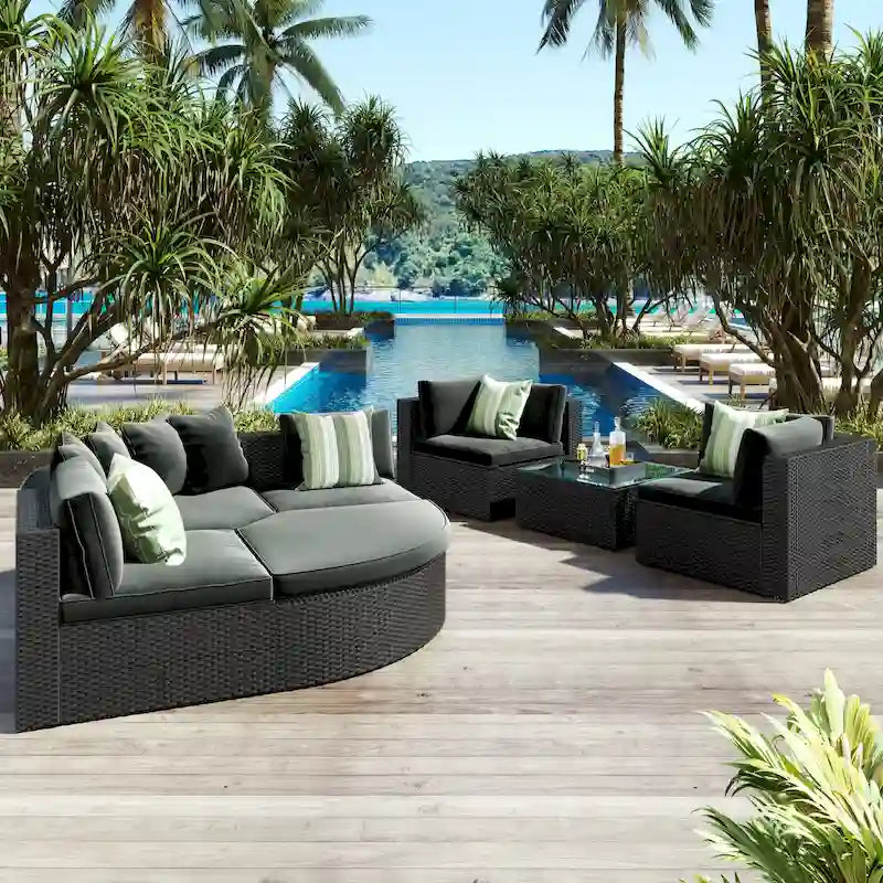 Ensemble de mobilier de patio incurvé 7 pièces, ensemble de canapé d'extérieur en osier résistant aux intempéries, canapé-lit en rotin avec coussins et coussins