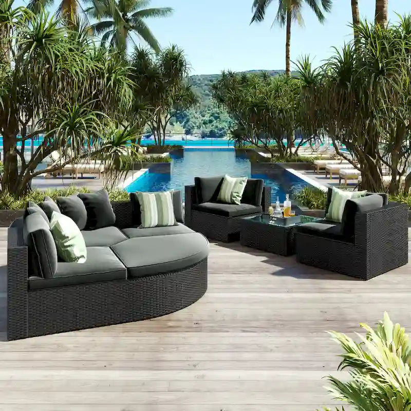 Ensemble de mobilier de patio incurvé 7 pièces, ensemble de canapé d'extérieur en osier résistant aux intempéries, canapé-lit en rotin avec coussins et coussins