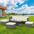 Ensemble de canapés d'extérieur 5 pièces en résine tressée PE, comprenant une table basse relevable et un canapé-lit. Ce mobilier de jardin comprend une table basse et un canapé-lit.