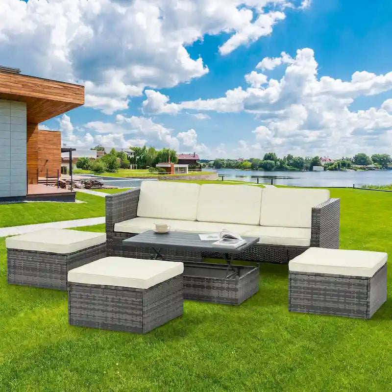 Ensemble de canapés d'extérieur 5 pièces en résine tressée PE, comprenant une table basse relevable et un canapé-lit. Ce mobilier de jardin comprend une table basse et un canapé-lit.