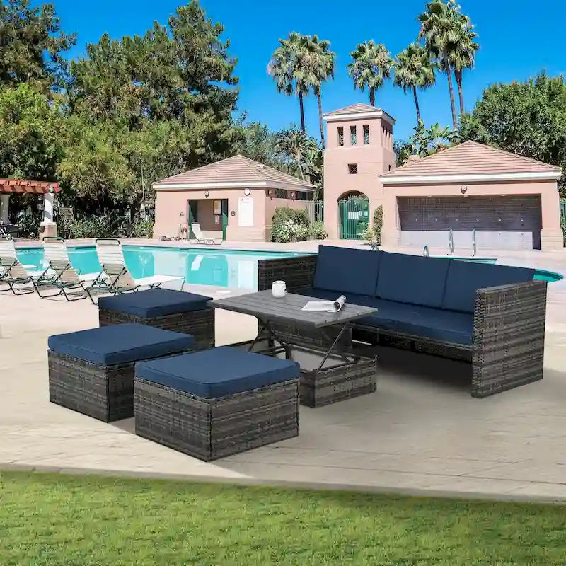 Ensemble de canapés d'extérieur 5 pièces en résine tressée PE, comprenant une table basse relevable et un canapé-lit. Ce mobilier de jardin comprend une table basse et un canapé-lit.