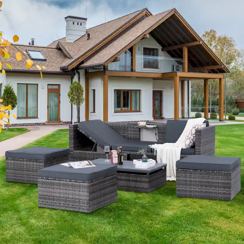 Ensemble de canapés d'extérieur 5 pièces en résine tressée PE, comprenant une table basse relevable et un canapé-lit. Ce mobilier de jardin comprend une table basse et un canapé-lit.