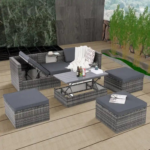 Ensemble de canapés d'extérieur 5 pièces en résine tressée PE, comprenant une table basse relevable et un canapé-lit. Ce mobilier de jardin comprend une table basse et un canapé-lit.