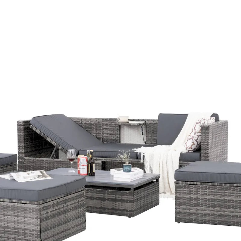 Ensemble de canapés d'extérieur 5 pièces en résine tressée PE, comprenant une table basse relevable et un canapé-lit. Ce mobilier de jardin comprend une table basse et un canapé-lit.