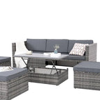 Ensemble de canapés d'extérieur 5 pièces en résine tressée PE, comprenant une table basse relevable et un canapé-lit. Ce mobilier de jardin comprend une table basse et un canapé-lit.