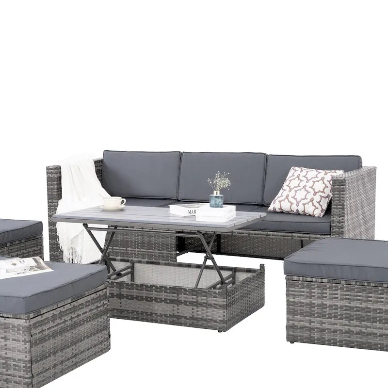 Ensemble de canapés d'extérieur 5 pièces en résine tressée PE, comprenant une table basse relevable et un canapé-lit. Ce mobilier de jardin comprend une table basse et un canapé-lit.