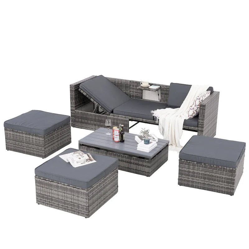 Ensemble de canapés d'extérieur 5 pièces en résine tressée PE, comprenant une table basse relevable et un canapé-lit. Ce mobilier de jardin comprend une table basse et un canapé-lit.