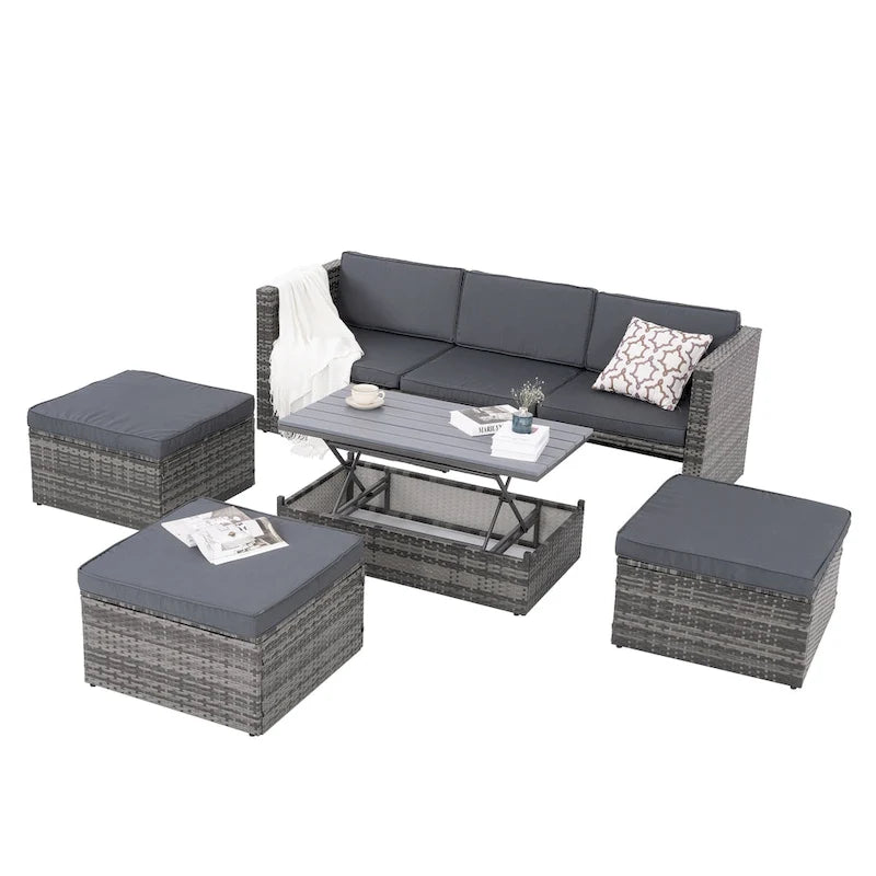 Ensemble de canapés d'extérieur 5 pièces en résine tressée PE, comprenant une table basse relevable et un canapé-lit. Ce mobilier de jardin comprend une table basse et un canapé-lit.