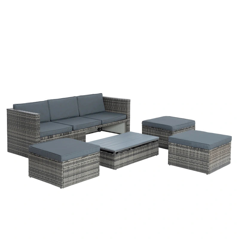 Ensemble de canapés d'extérieur 5 pièces en résine tressée PE, comprenant une table basse relevable et un canapé-lit. Ce mobilier de jardin comprend une table basse et un canapé-lit.