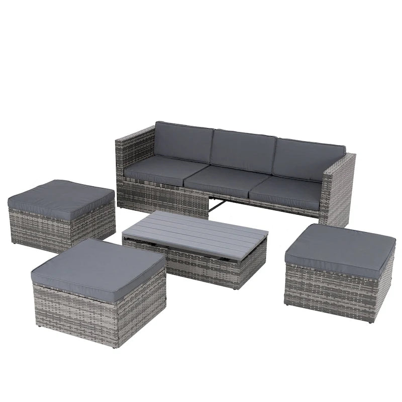Ensemble de canapés d'extérieur 5 pièces en résine tressée PE, comprenant une table basse relevable et un canapé-lit. Ce mobilier de jardin comprend une table basse et un canapé-lit.