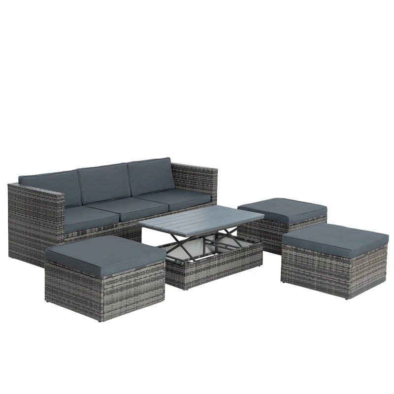 Ensemble de canapés d'extérieur 5 pièces en résine tressée PE, comprenant une table basse relevable et un canapé-lit. Ce mobilier de jardin comprend une table basse et un canapé-lit.