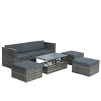 Ensemble de canapés d'extérieur 5 pièces en résine tressée PE, comprenant une table basse relevable et un canapé-lit. Ce mobilier de jardin comprend une table basse et un canapé-lit.