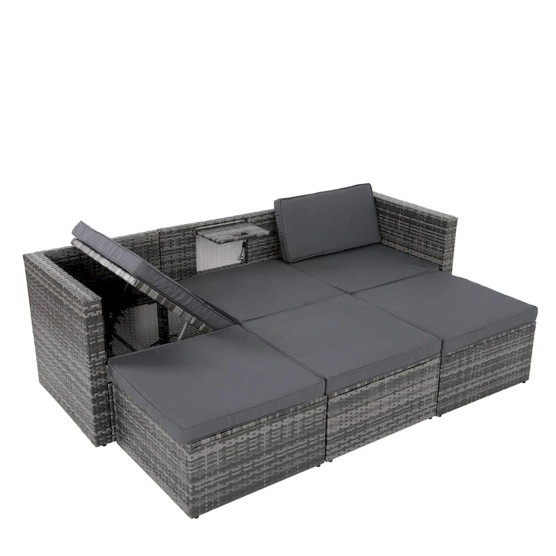 Ensemble de canapés d'extérieur 5 pièces en résine tressée PE, comprenant une table basse relevable et un canapé-lit. Ce mobilier de jardin comprend une table basse et un canapé-lit.
