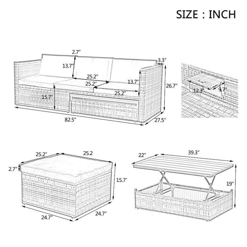 Ensemble de canapés d'extérieur 5 pièces en résine tressée PE, comprenant une table basse relevable et un canapé-lit. Ce mobilier de jardin comprend une table basse et un canapé-lit.
