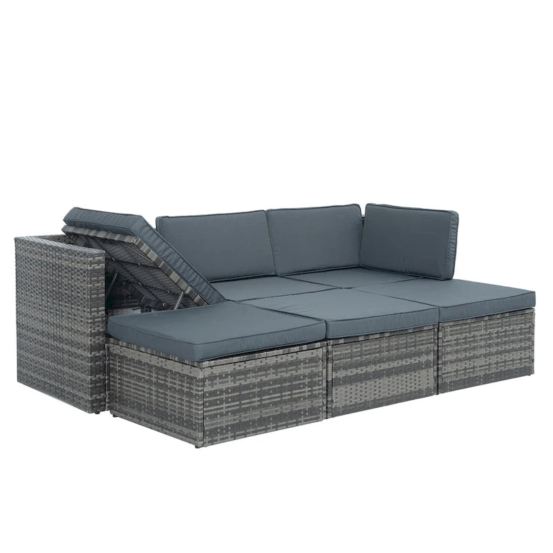 Ensemble de canapés d'extérieur 5 pièces en résine tressée PE, comprenant une table basse relevable et un canapé-lit. Ce mobilier de jardin comprend une table basse et un canapé-lit.