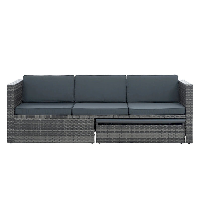 Ensemble de canapés d'extérieur 5 pièces en résine tressée PE, comprenant une table basse relevable et un canapé-lit. Ce mobilier de jardin comprend une table basse et un canapé-lit.