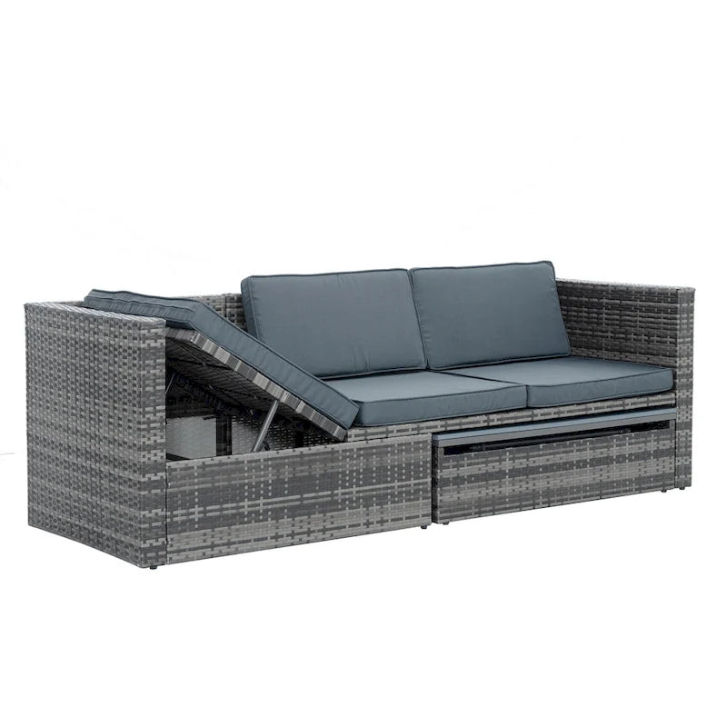 Ensemble de canapés d'extérieur 5 pièces en résine tressée PE, comprenant une table basse relevable et un canapé-lit. Ce mobilier de jardin comprend une table basse et un canapé-lit.