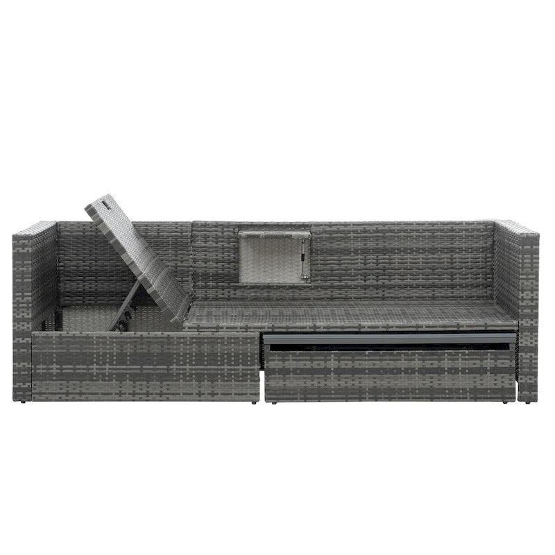 Ensemble de canapés d'extérieur 5 pièces en résine tressée PE, comprenant une table basse relevable et un canapé-lit. Ce mobilier de jardin comprend une table basse et un canapé-lit.
