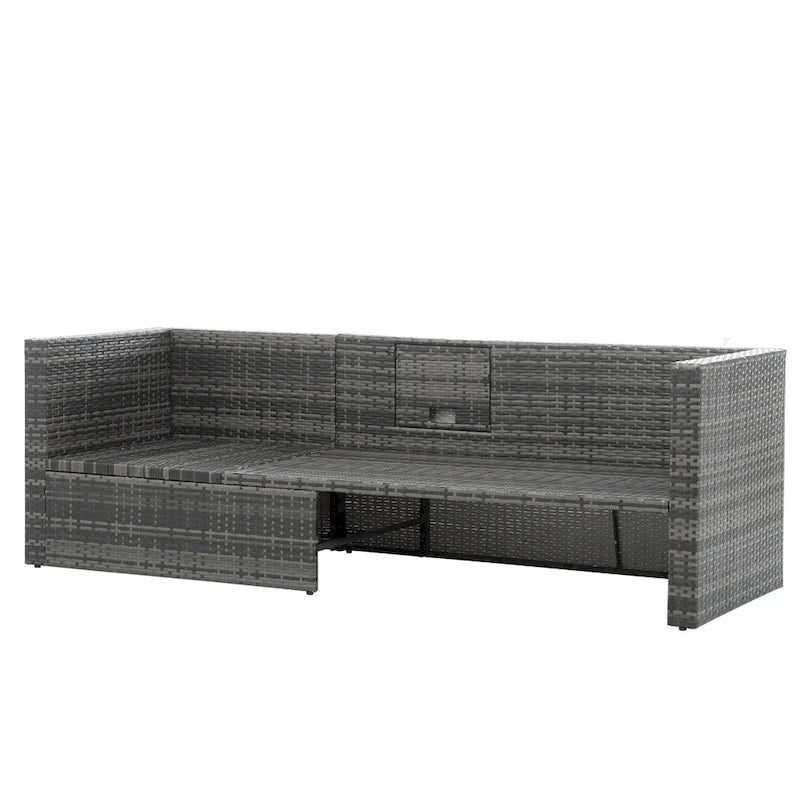 Ensemble de canapés d'extérieur 5 pièces en résine tressée PE, comprenant une table basse relevable et un canapé-lit. Ce mobilier de jardin comprend une table basse et un canapé-lit.