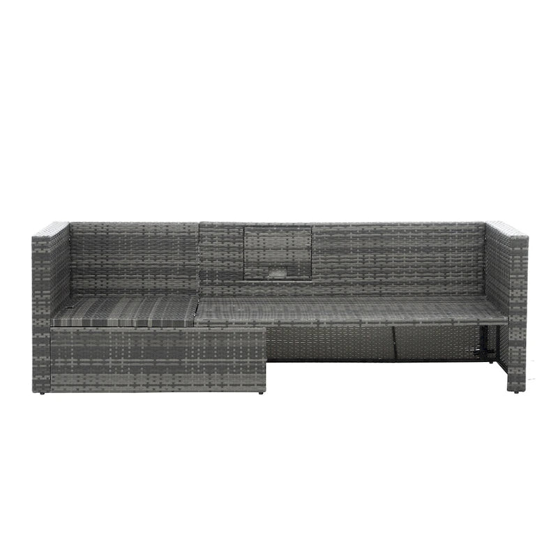 Ensemble de canapés d'extérieur 5 pièces en résine tressée PE, comprenant une table basse relevable et un canapé-lit. Ce mobilier de jardin comprend une table basse et un canapé-lit.