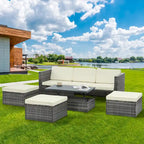 Ensemble de canapés d'extérieur 5 pièces en résine tressée PE, comprenant une table basse relevable et un canapé-lit. Ce mobilier de jardin comprend une table basse et un canapé-lit.