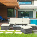 Ensemble de canapés d'extérieur 5 pièces en résine tressée PE, comprenant une table basse relevable et un canapé-lit. Ce mobilier de jardin comprend une table basse et un canapé-lit.