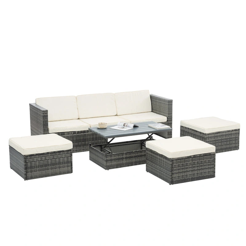 Ensemble de canapés d'extérieur 5 pièces en résine tressée PE, comprenant une table basse relevable et un canapé-lit. Ce mobilier de jardin comprend une table basse et un canapé-lit.