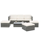 Ensemble de canapés d'extérieur 5 pièces en résine tressée PE, comprenant une table basse relevable et un canapé-lit. Ce mobilier de jardin comprend une table basse et un canapé-lit.