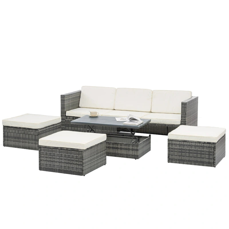 Ensemble de canapés d'extérieur 5 pièces en résine tressée PE, comprenant une table basse relevable et un canapé-lit. Ce mobilier de jardin comprend une table basse et un canapé-lit.