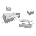 Ensemble de canapés d'extérieur 5 pièces en résine tressée PE, comprenant une table basse relevable et un canapé-lit. Ce mobilier de jardin comprend une table basse et un canapé-lit.