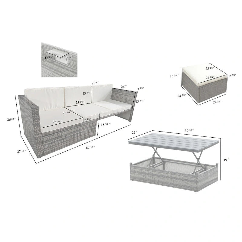 Ensemble de canapés d'extérieur 5 pièces en résine tressée PE, comprenant une table basse relevable et un canapé-lit. Ce mobilier de jardin comprend une table basse et un canapé-lit.