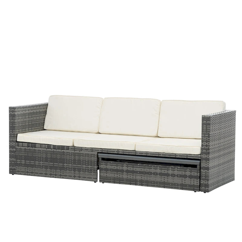 Ensemble de canapés d'extérieur 5 pièces en résine tressée PE, comprenant une table basse relevable et un canapé-lit. Ce mobilier de jardin comprend une table basse et un canapé-lit.