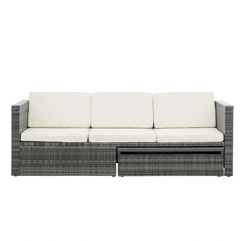 Ensemble de canapés d'extérieur 5 pièces en résine tressée PE, comprenant une table basse relevable et un canapé-lit. Ce mobilier de jardin comprend une table basse et un canapé-lit.