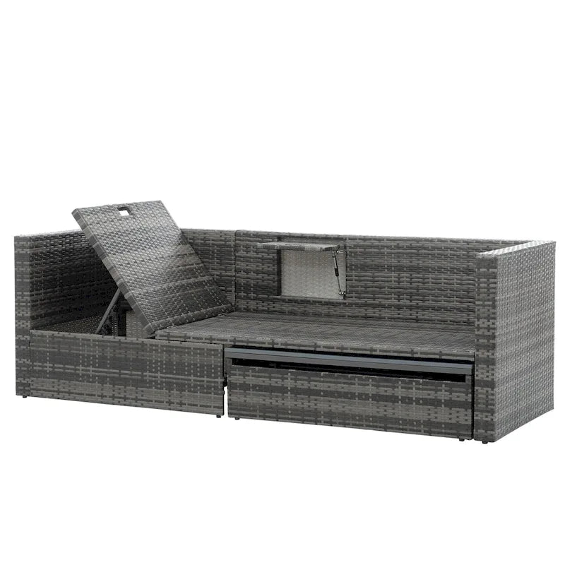 Ensemble de canapés d'extérieur 5 pièces en résine tressée PE, comprenant une table basse relevable et un canapé-lit. Ce mobilier de jardin comprend une table basse et un canapé-lit.