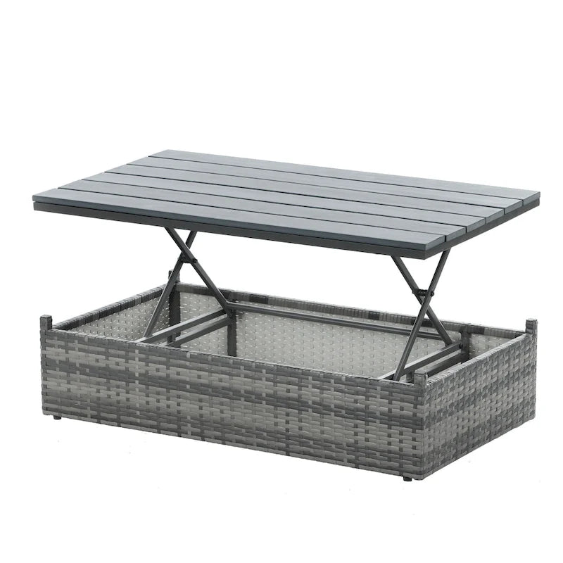 Ensemble de canapés d'extérieur 5 pièces en résine tressée PE, comprenant une table basse relevable et un canapé-lit. Ce mobilier de jardin comprend une table basse et un canapé-lit.