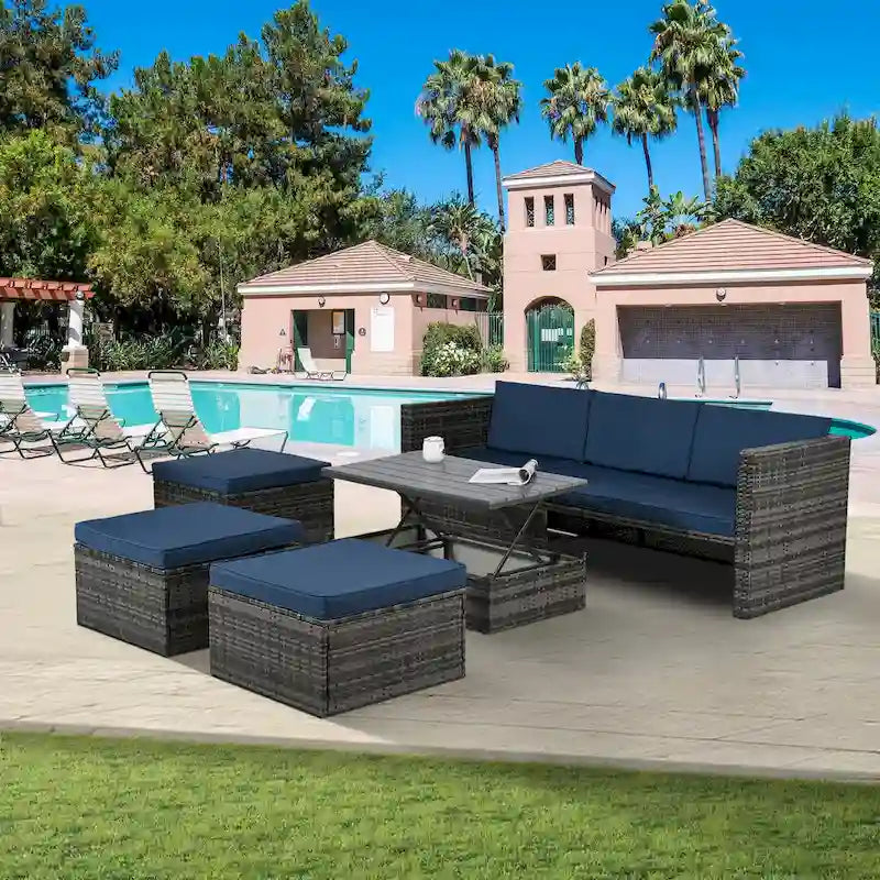 Ensemble de canapés d'extérieur 5 pièces en résine tressée PE, comprenant une table basse relevable et un canapé-lit. Ce mobilier de jardin comprend une table basse et un canapé-lit.