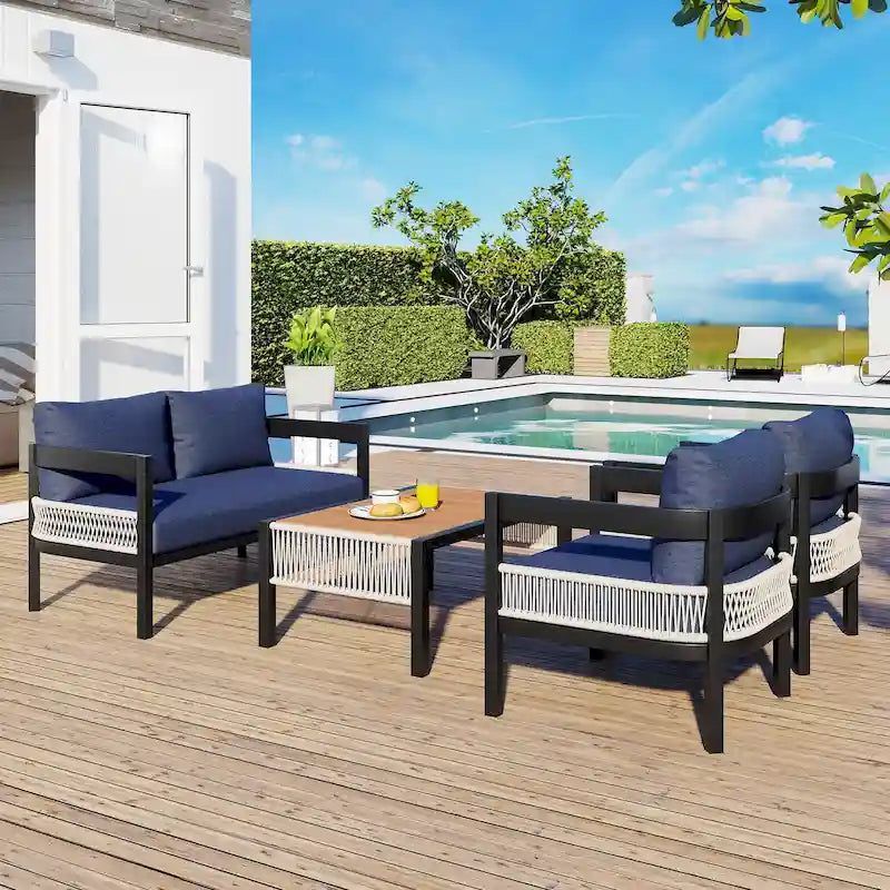 Ensemble de mobilier de jardin 4 pièces, ensemble de conversation pour patio résistant aux intempéries avec coussins résistants, canapé, fauteuil et table basse