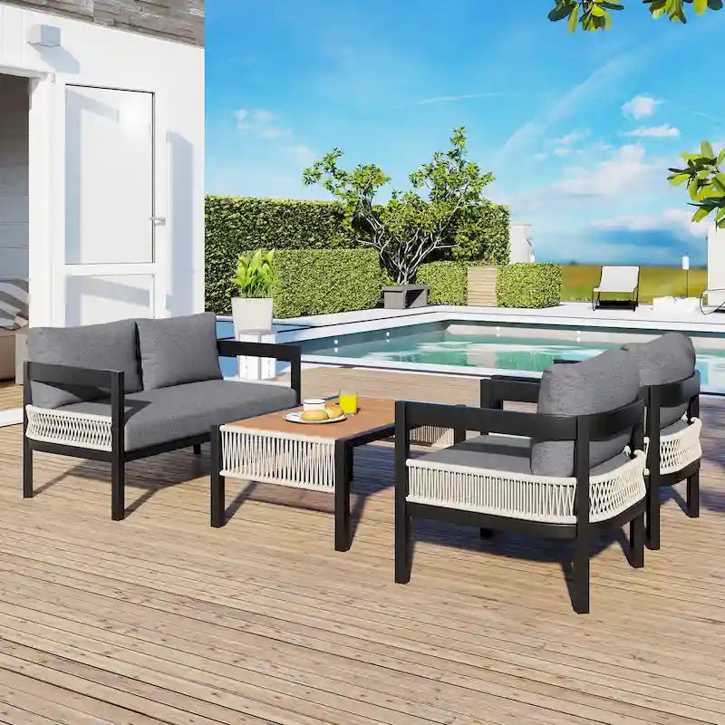 Ensemble de mobilier de jardin 4 pièces, ensemble de conversation pour patio résistant aux intempéries avec coussins résistants, canapé, fauteuil et table basse