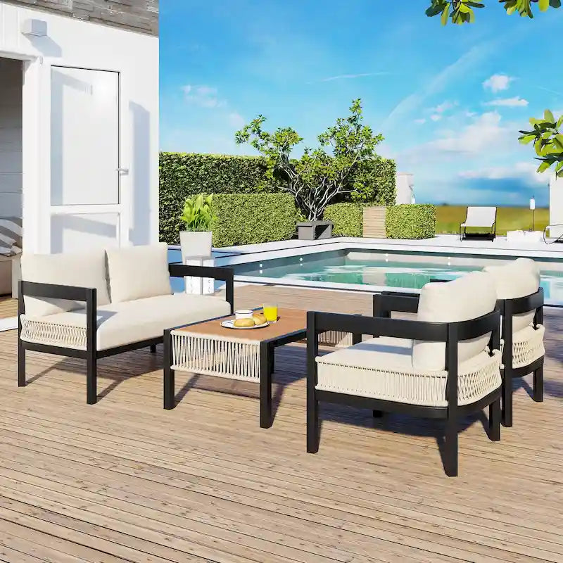 Ensemble de mobilier de jardin 4 pièces, ensemble de conversation pour patio résistant aux intempéries avec coussins résistants, canapé, fauteuil et table basse