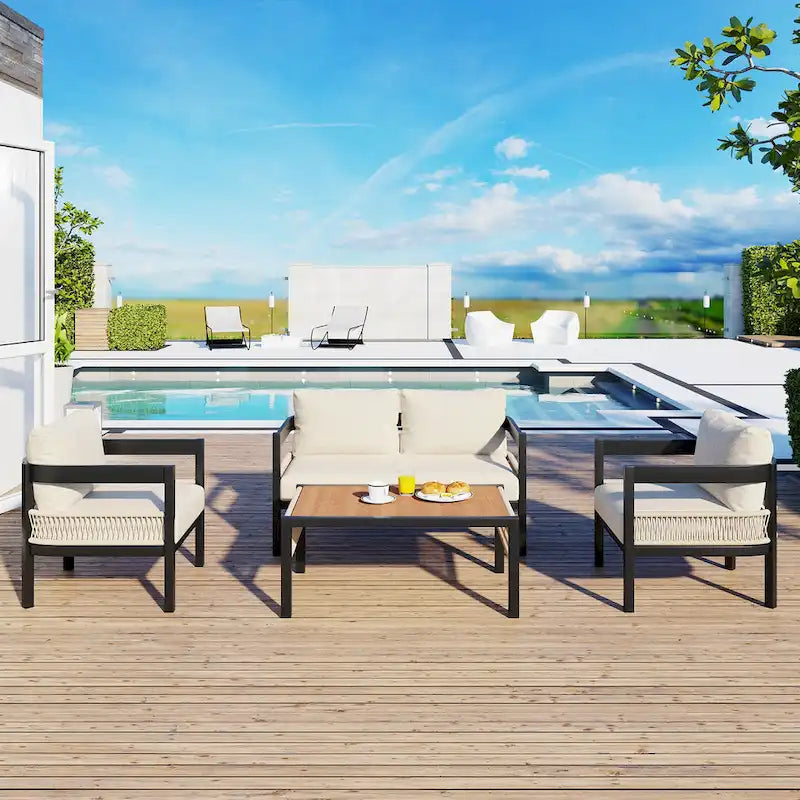 Ensemble de mobilier de jardin 4 pièces, ensemble de conversation pour patio résistant aux intempéries avec coussins résistants, canapé, fauteuil et table basse